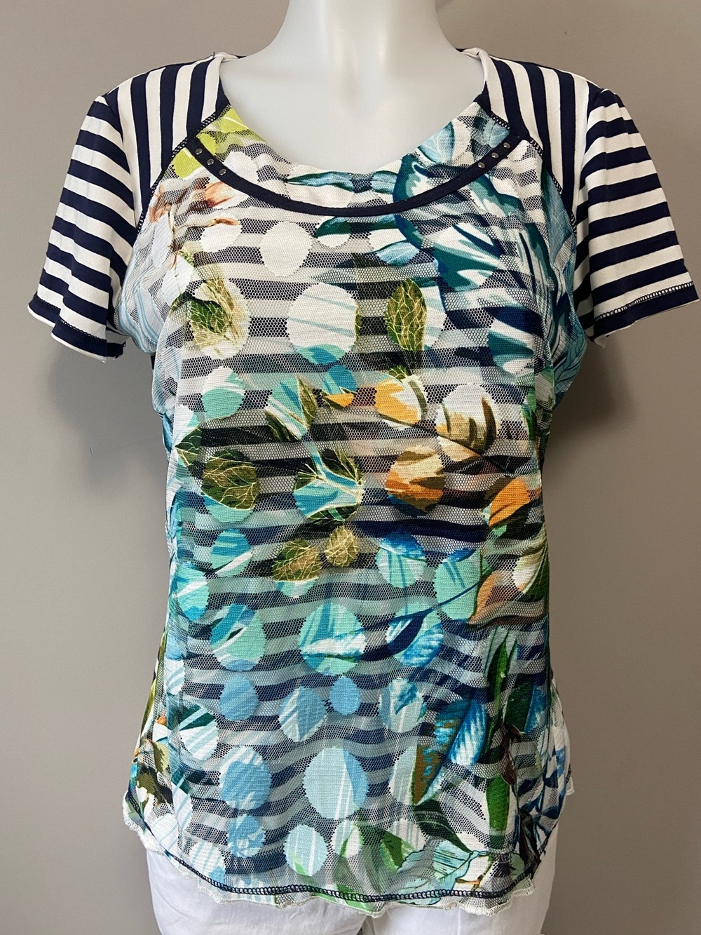 Striped Short Sleeve Tee with Blue-Green Leaf Print